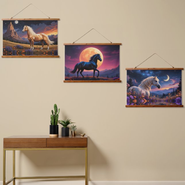 Wild mustangs Colourful night sky wildflowers Hanging Tapestry (Asymmetrical)