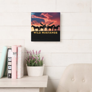 Wild Mustangs on the Horizon Square Wall Clock