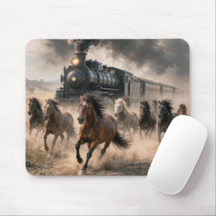 Wild Mustangs Running Alongside Vintage Train Mouse Mat