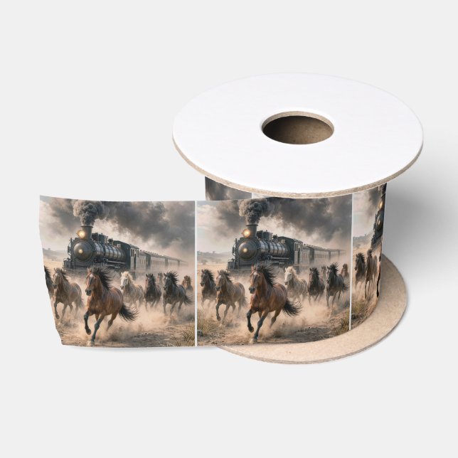Wild Mustangs Running Alongside Vintage Train Satin Ribbon (Spool)