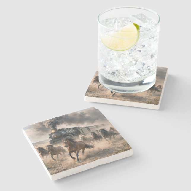 Wild Mustangs Running Alongside Vintage Train Stone Coaster (Side)
