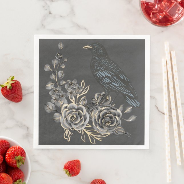 Wild Nature Blackbirds Roses & Raven Napkin (Insitu)