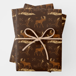Wild Nature Moose Birds Dark Brown Rustic Woods Wrapping Paper Sheet