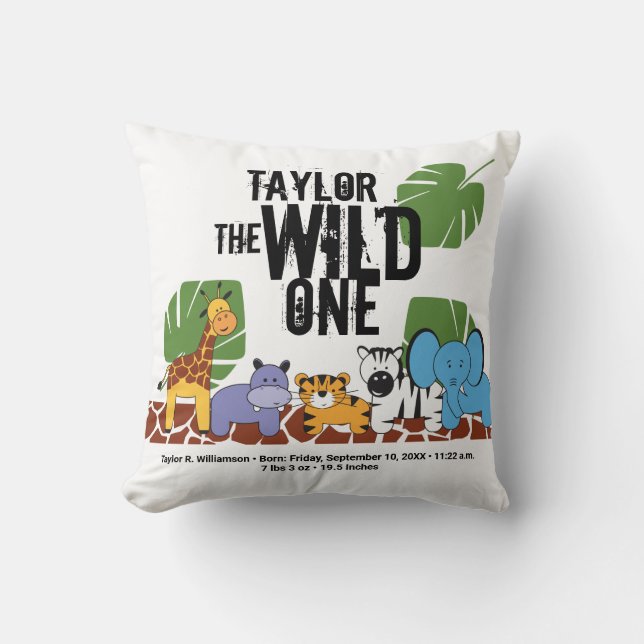 Wild On Safari Jungle baby Birth Stats Cushion (Front)