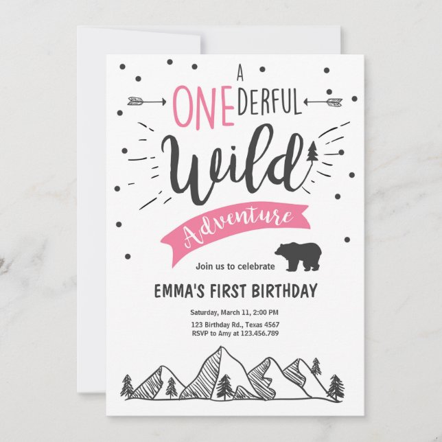 Wild OnAdventure First Birthday Invitation Girl (Front)