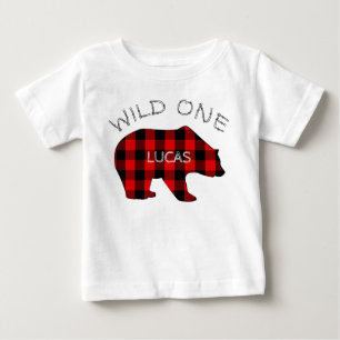 Wild One 1st Birthday Bear Lumberjack Plaid Baby T-Shirt