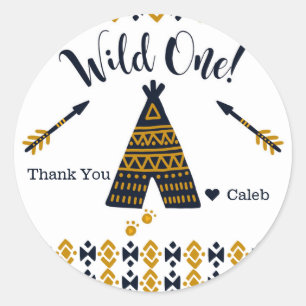 Wild One 1st Birthday Blue Gold Tepee Party Favour Classic Round Sticker