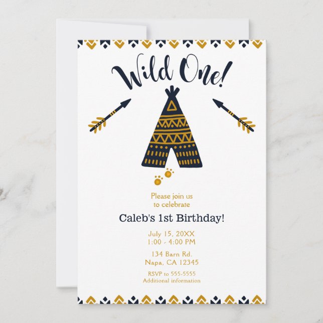 Wild One 1st Birthday Blue & Gold Tepee Party Invitation (Front)