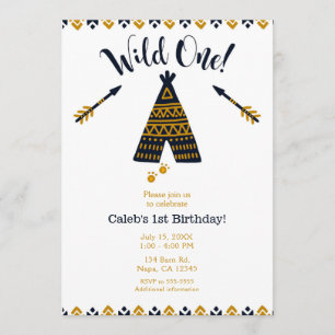 Wild One 1st Birthday Blue & Gold Tepee Party Invitation