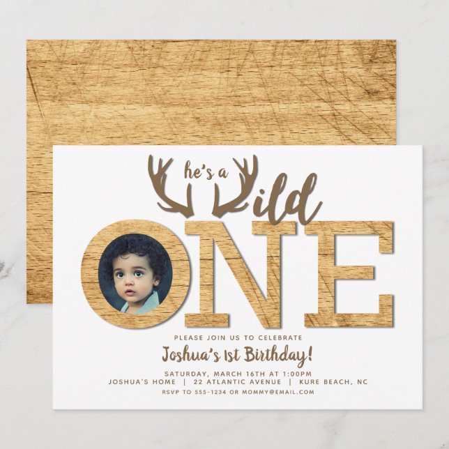 Wild One 1st Birthday Boy Photo Invitation (Front/Back)
