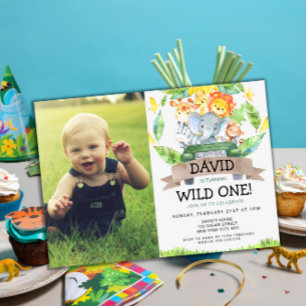 Wild One 1st Birthday Boy Safari Photo Invitation
