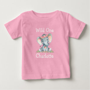 Wild One 1st Birthday Elephant Flowers Pink Baby T-Shirt