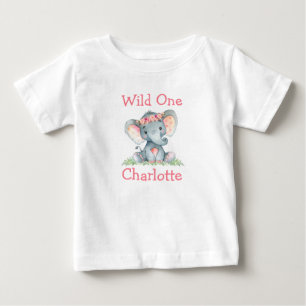 Wild One 1st Birthday Elephant Pink Flowers Baby T-Shirt