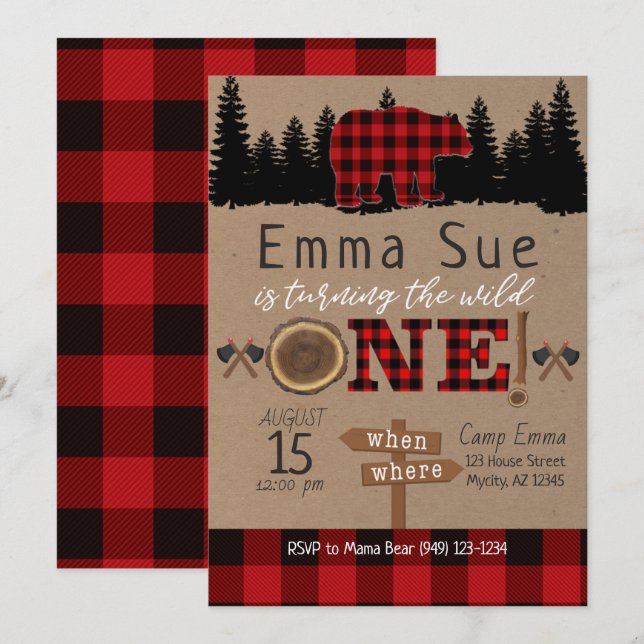 Wild One 1st Birthday Flannel Little Bear Birthday Invitation (Front/Back)