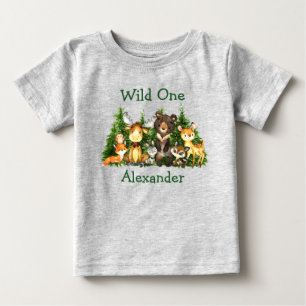 Wild One 1st Birthday Forest Animals Trees Grey Baby T-Shirt