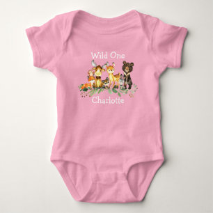 Wild One 1st Birthday Forest Woodland Animals Pink Baby Bodysuit