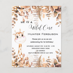 Wild one 1st birthday giraffe budget invitation flyer