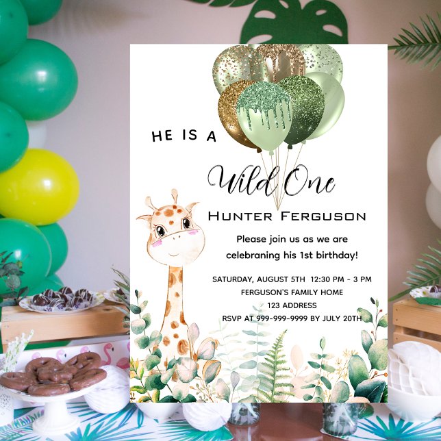 Wild one 1st birthday giraffe jungle balloons invitation postcard (Creator Uploaded)