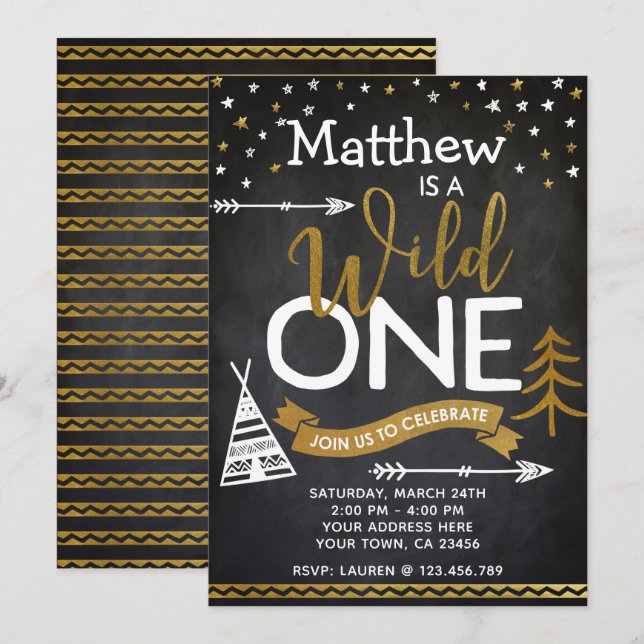 Wild One 1st Birthday Invitation Chalkboard (Front/Back)