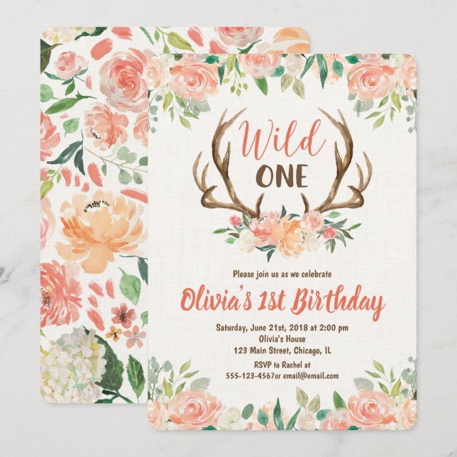 Wild one 1st birthday invitation girl deer antlers (Front/Back)