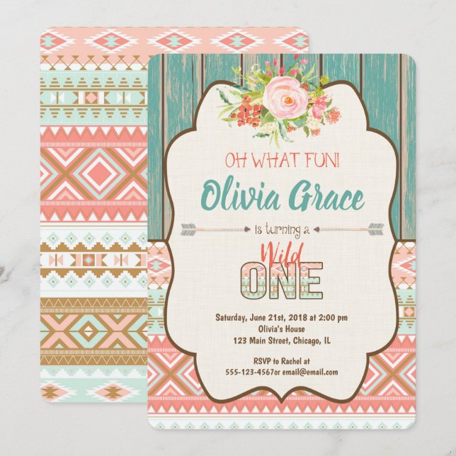 Wild one 1st birthday invitation girl tribal boho (Front/Back)