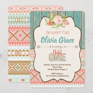 Wild one 1st birthday invitation girl tribal boho