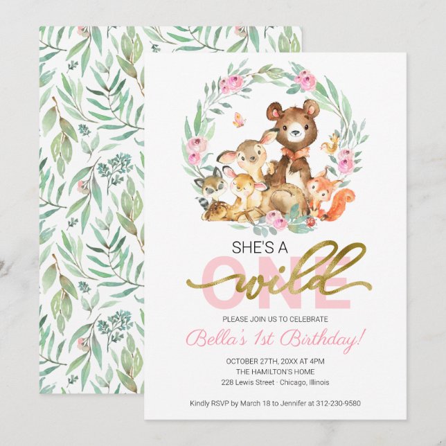 Wild One 1st Birthday Invitation Woodland Animals  (Front/Back)