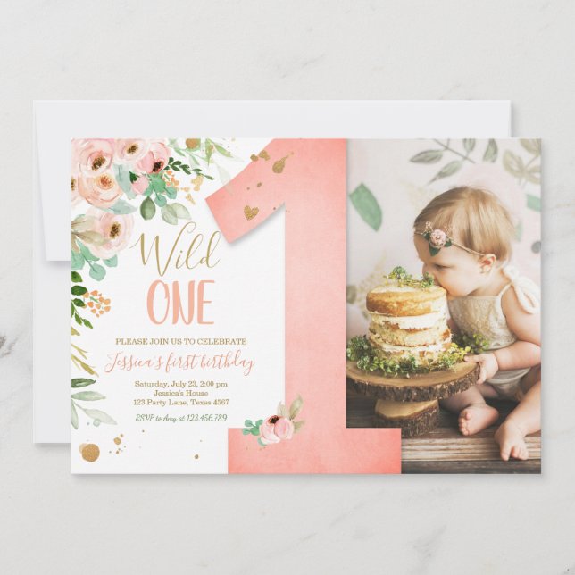 Wild One 1st Birthday Invite Floral Pink Gold Girl (Front)