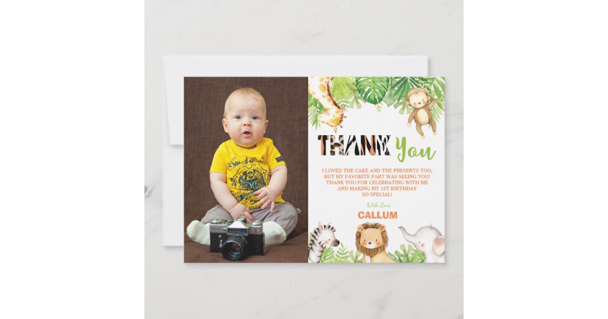Wild One 1st Birthday Jungle Animals Boy Photo Thank You Card | Zazzle
