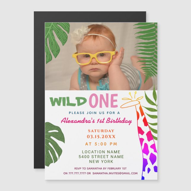 Wild ONE 1st Birthday Jungle Safari Giraffe Photo Magnetic Invitation (Front/Back)