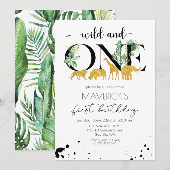 Wild One 1st Birthday Jungle Safari Invitation (Front/Back)