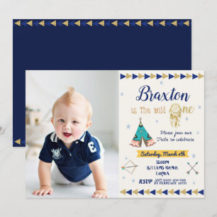 Wild One 1st Birthday Party Boy Tribal Navy Gold Invitation