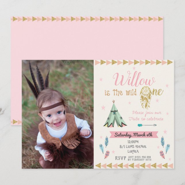 Wild One 1st Birthday Party Girl Tribal Pink Gold Invitation (Front/Back)