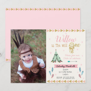 Wild One 1st Birthday Party Girl Tribal Pink Gold Invitation