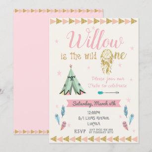 Wild One 1st Birthday Party Girl Tribal Pink Gold Invitation