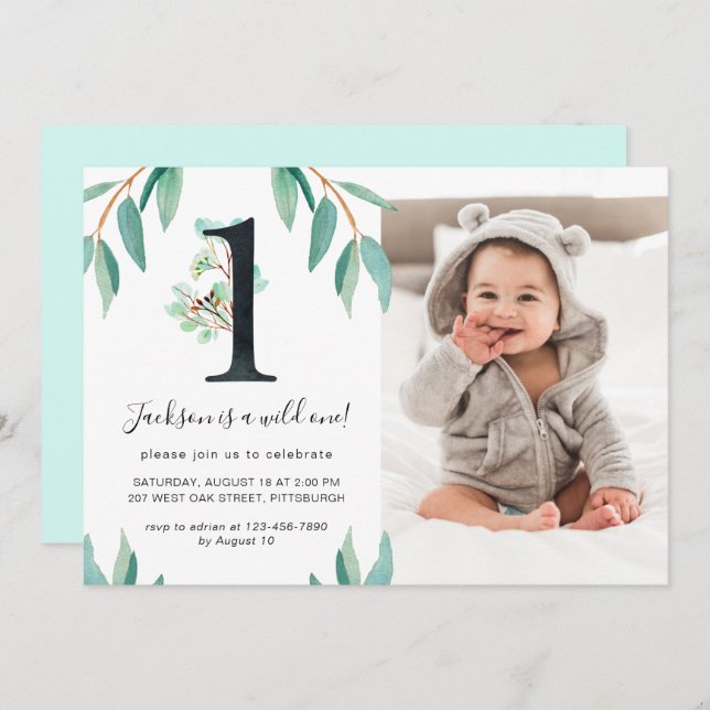 Wild One 1st Birthday Party Photo Blue Back Invitation (Front/Back)