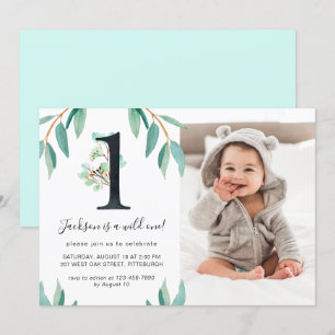 Wild One 1st Birthday Party Photo Blue Back Invitation