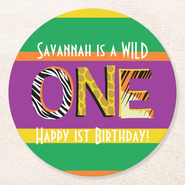 Wild One 1st Birthday Party Safari Round Paper Coaster (Front)