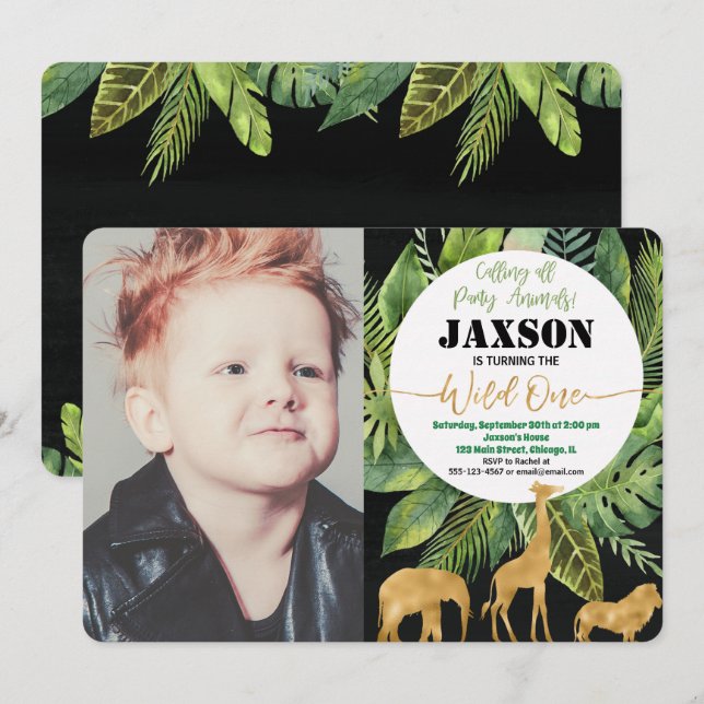 Wild one 1st birthday photo invitation boy safari (Front/Back)