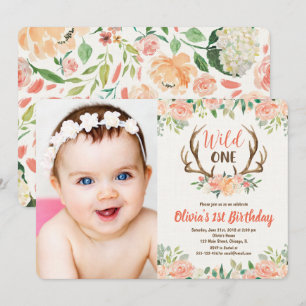 Wild one 1st birthday photo invitation deer antler