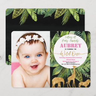 Wild one 1st birthday photo invitation safari