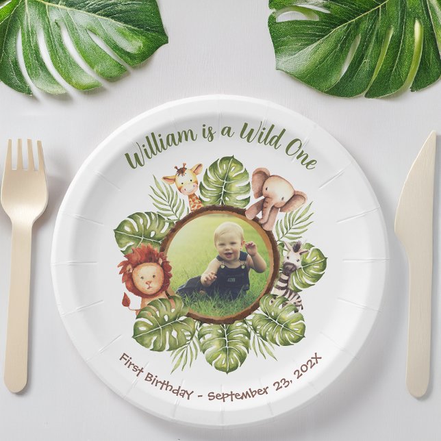 Wild One 1st Birthday Photo Safari Animals Leaves Paper Plate (Creator Uploaded)