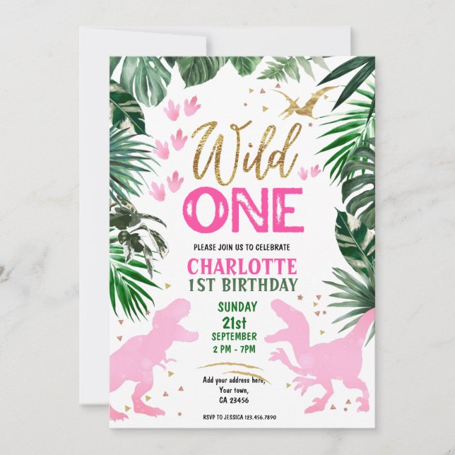Wild One 1st Birthday pink Dinosaur  Invitation (Front)