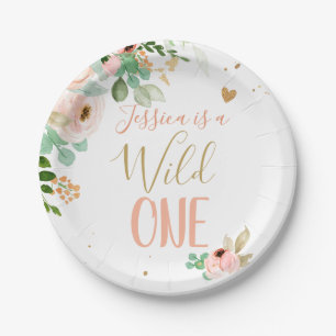 Wild One 1st Birthday Pink Gold Girl Flowers Paper Plate