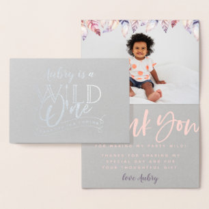 Wild one 1st birthday real foil photo thank you card