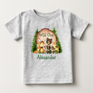 Wild One 1st Birthday Rustic Forest Animals Trees Baby T-Shirt