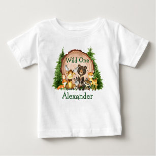 Wild One 1st Birthday Rustic Trees Forest Animals Baby T-Shirt