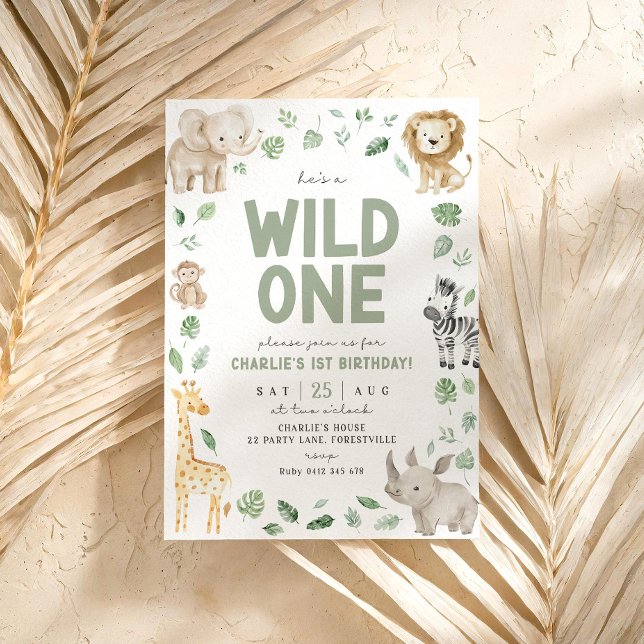 Wild One 1st Birthday Safari Animal Jungle Invitation (Wild One 1st Birthday Invitation)