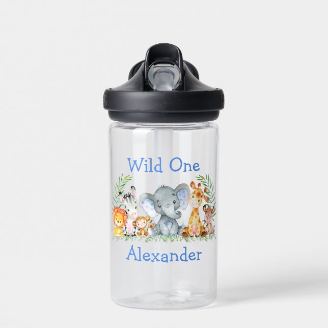Wild One 1st Birthday Safari Animals Blue Water Bottle (Front)