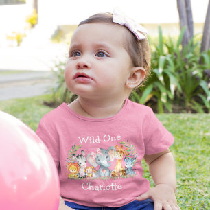 Wild One 1st Birthday Safari Animals Bow Pink Baby T-Shirt